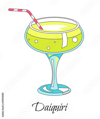 Bar cocktail, daiquiri drink with straw in glass, isolated icon