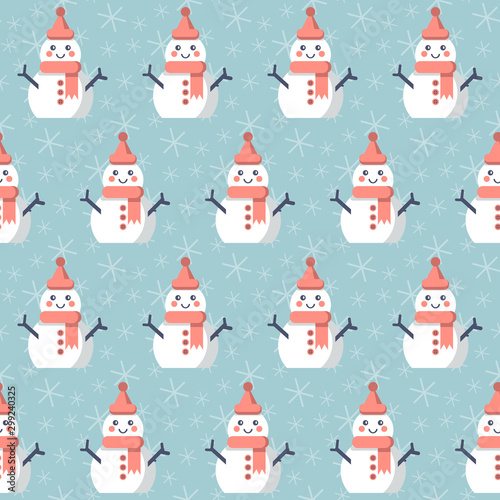 Funny snowman in hat and scarf. Seamless vector illustration with cute Christmas characters