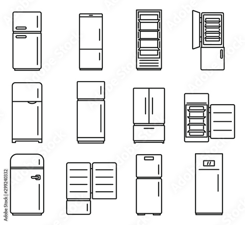 Modern fridge icons set. Outline set of modern fridge vector icons for web design isolated on white background