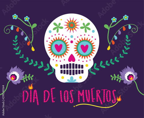 dia de los muertos card with lettering and skull