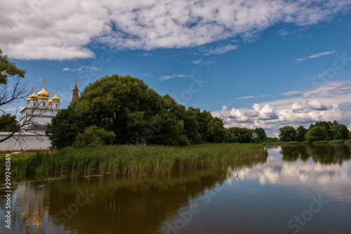 View of the central Cathedral from the lake. Russian shrines. Joseph-Volotsky Monastery in Teryaev. Moscow region  Teryaevo.
