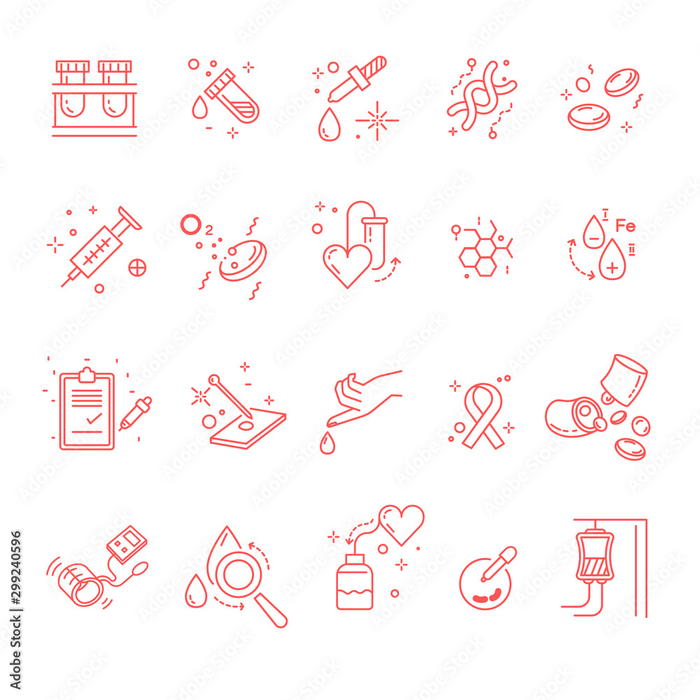 Hematology and blood laboratory or clinic, medicine isolated icons Hematology and blood laboratory or clinic, medicine isolated icons