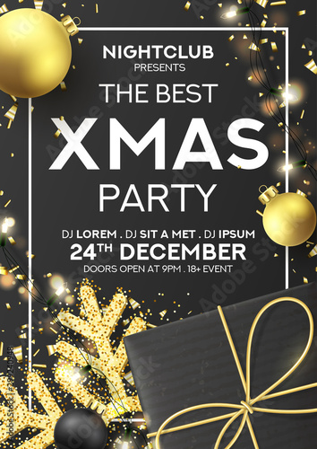 Xmas party flyer invitation. Holiday background with realistic black gift box, gold snowflake and sparkling light garlands. Vector illustration with Christmas baubles. Invitation to nightclub.