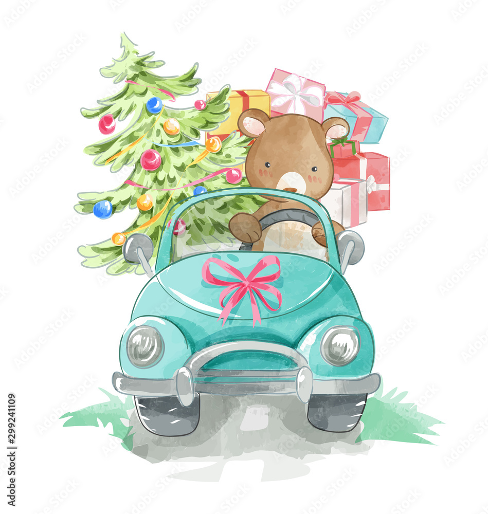 Obraz cartoon bear driving a car with present boxes