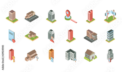 isometric buildings real estate location icons set photo