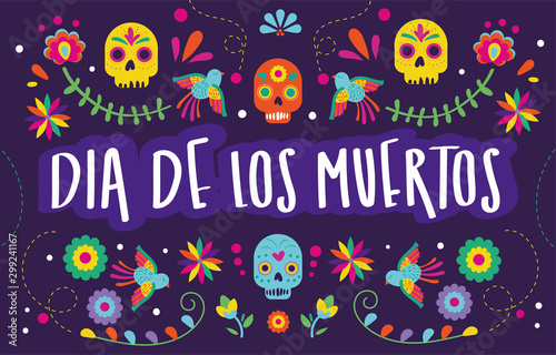 dia de los muertos card with calligraphy and skulls floral decoration