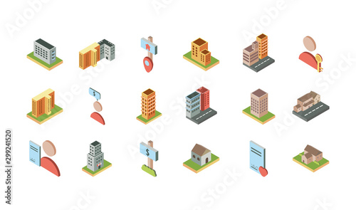 isometric buildings real estate location icons set