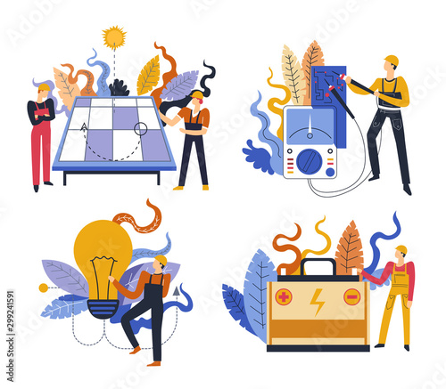 Electric power and electricity, energy and electrician service, isolated icons