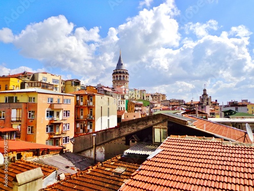 Beautiful View Above Rooftops in Residential Neighborhood of Istanbul near Galata Tower (Bright Summer Afternoon) - Istanbul, Turkey 