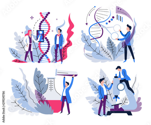 DNA research, genetics science and lab test, isolated icons