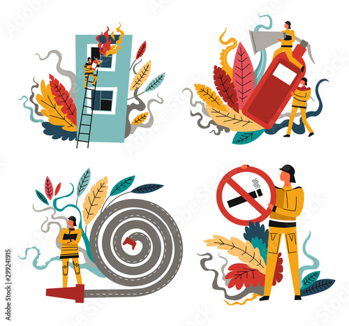 Firefighting and fire protection, firefighters and work equipment, isolated icons