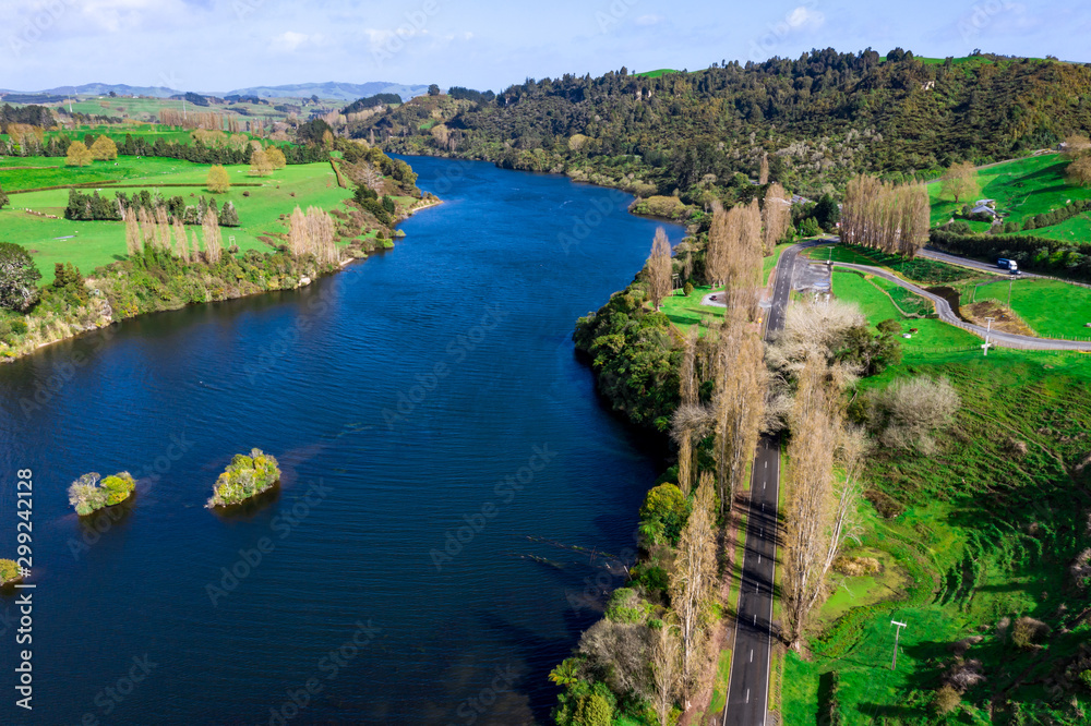 Aerial view of Lake Karapiro landscape in New Zealand