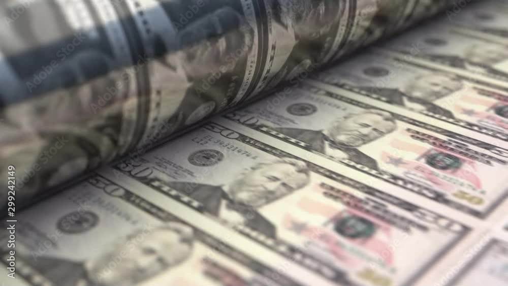 A loop able animation concept image showing a long sheet of US Dollar notes going through a print roller in its final phase of a print run