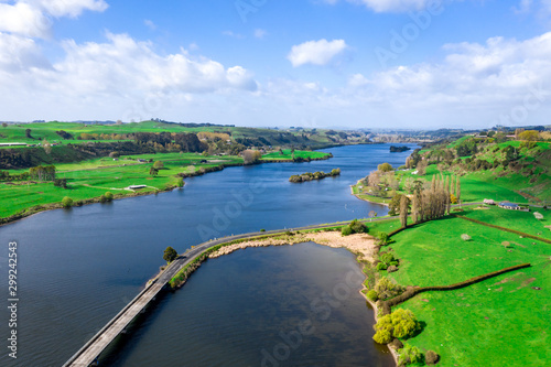 Aerial view of Lake Karapiro landscape in New Zealand