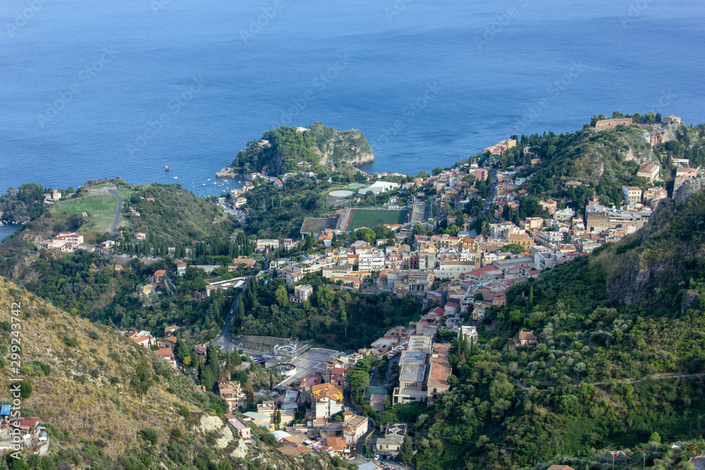 The view from village Castelmola at mountain, view of Mediterranean Sea and the skyline of Taormina.