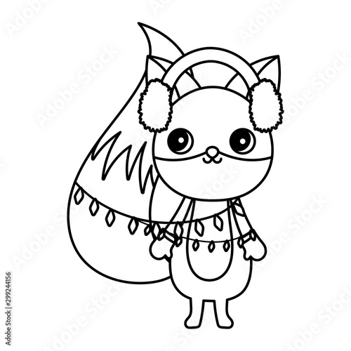 cute fox with lights and ear muffs merry christmas thick line