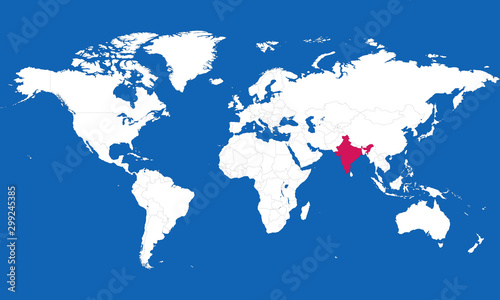 World map highlighted india with pink color vector