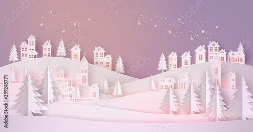 Winter Snow Urban Countryside Landscape City Village with full moon