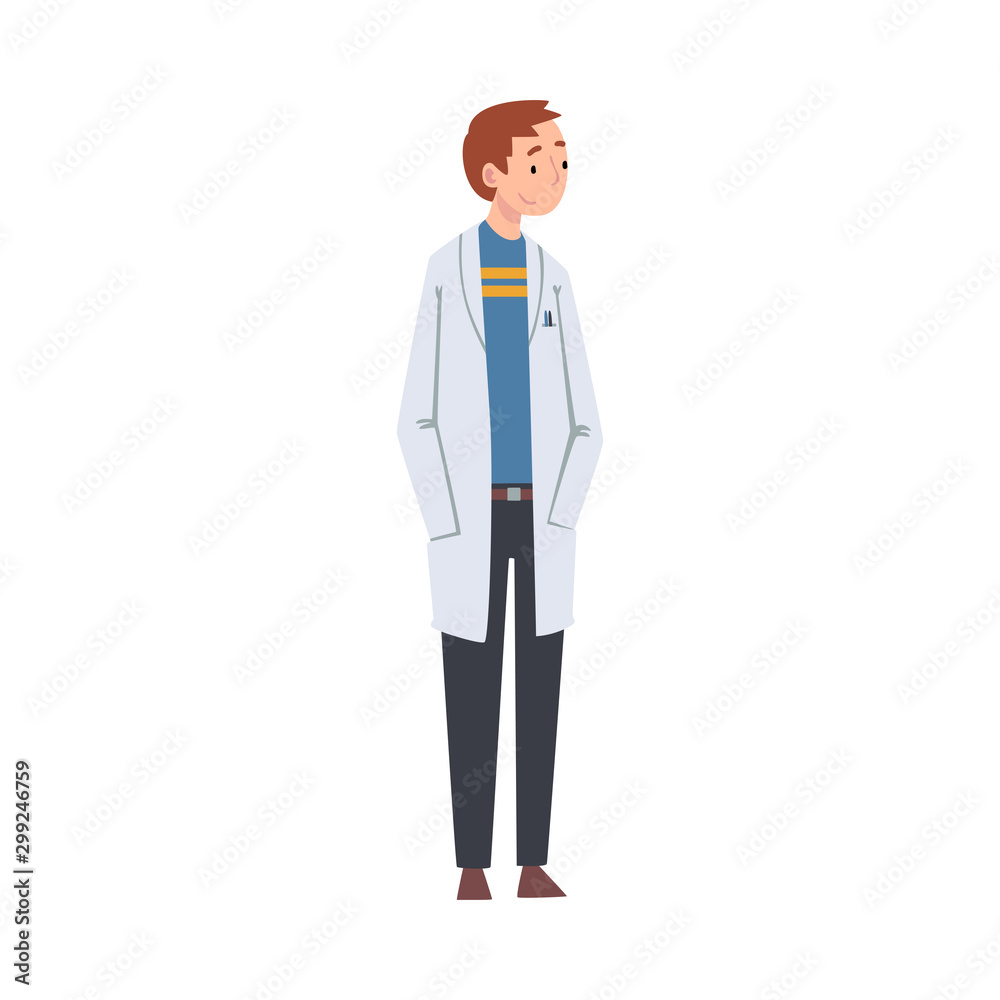 Young Man Scientist Character in White Lab Coat Vector Illustration