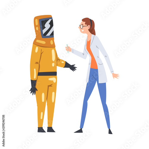 Scientists Working in Scientific Lab, Assistant in Protective Suit and Woman in White Lab Coat Conducting Experiments Vector Illustration