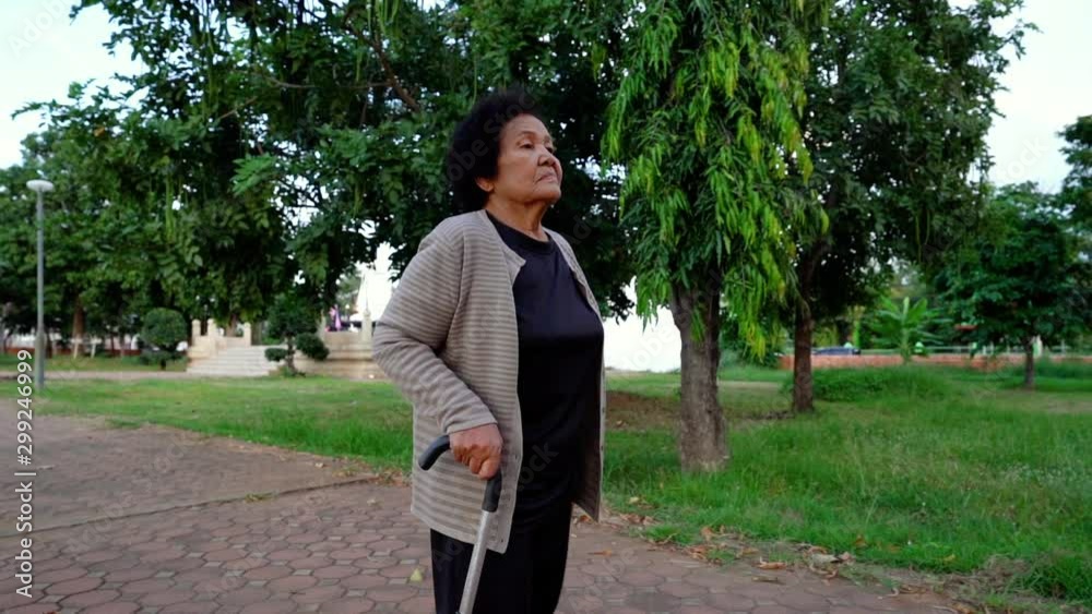 slow-motion of senior woman walking with walking stick in the park slow-motion of senior woman walking with walking stick in the park