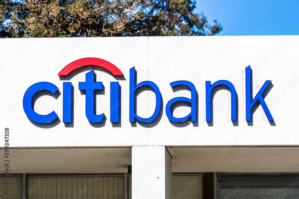 Oct 24, 2019 Mountain View / CA / USA - Citibank logo at one of their  branches in South San Francisco Bay Area; Citibank is the consumer division  of financial services multinational Citigroup Photos | Adobe Stock