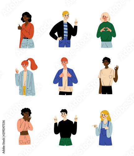 People of Different Nations Showing Various Gestures Set, Young Men and Women Doing Positive Gestures Vector Illustration