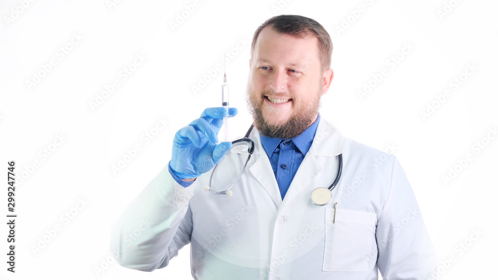 Nice chubby doctor with a beard in a white coat on a white isolated background