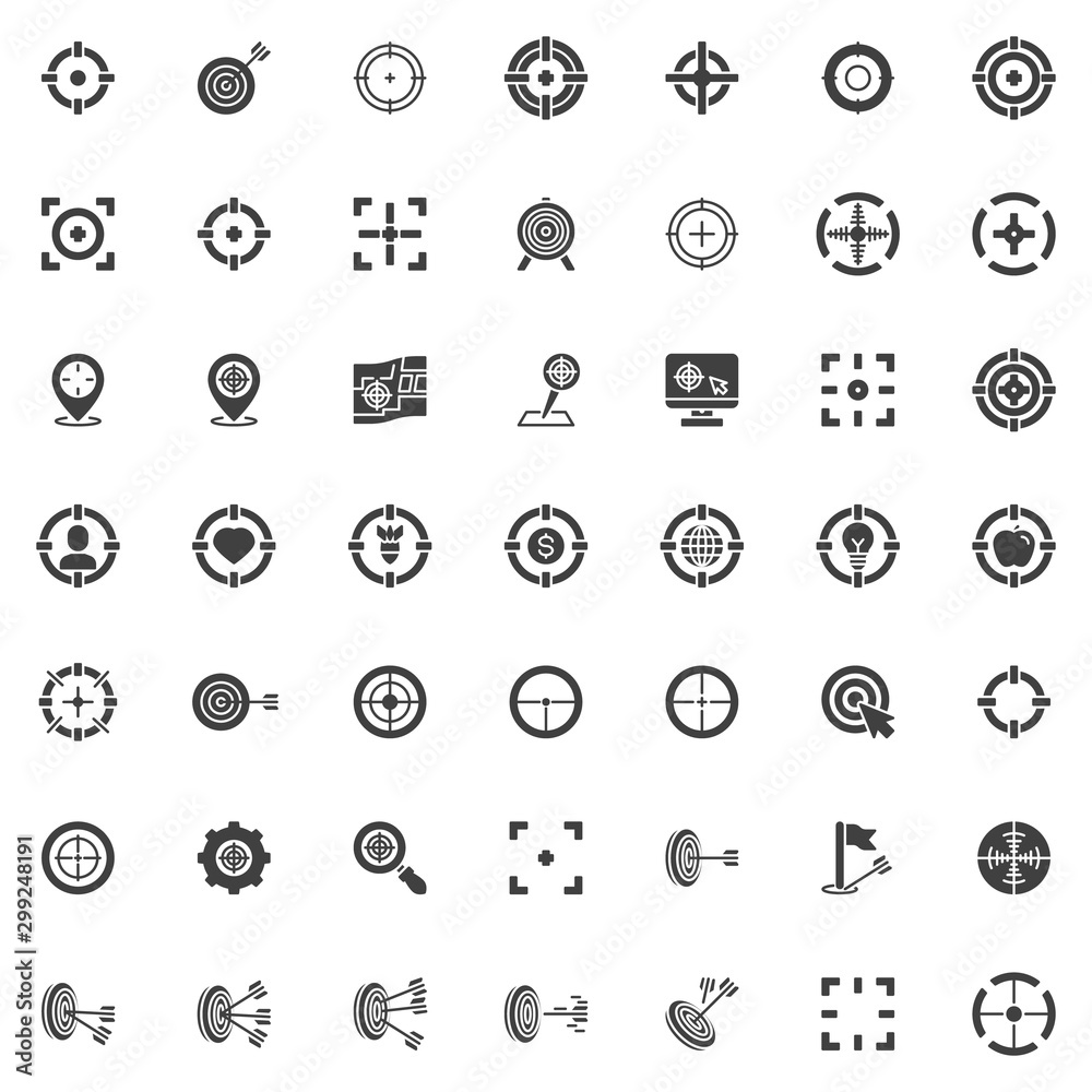 Target aim vector icons set, modern solid symbol collection, filled style pictogram pack. Signs, logo illustration. Set includes icons as crosshair, archery arrow, focus frame, location targeting Target aim vector icons set, modern solid symbol collection, filled style pictogram pack. Signs, logo illustration. Set includes icons as crosshair, archery arrow, focus frame, location targeting