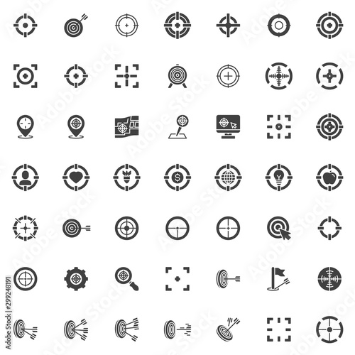 Target aim vector icons set, modern solid symbol collection, filled style pictogram pack. Signs, logo illustration. Set includes icons as crosshair, archery arrow, focus frame, location targeting