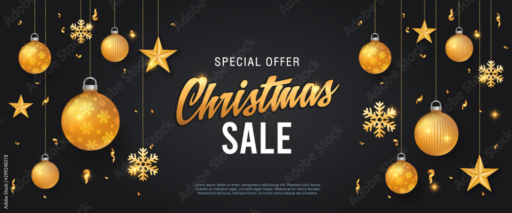 Christmas sale banner or web header black background template with glitter gold elements, snowflakes, stars and calligraphy - obrazy, fototapety, plakaty 