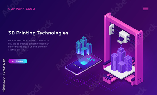 3D printer technology, isometric concept vector illustration. 3D printer prototype manufactures building, dimensional virtual model above mobile phone, screen shows production process, purple banner
