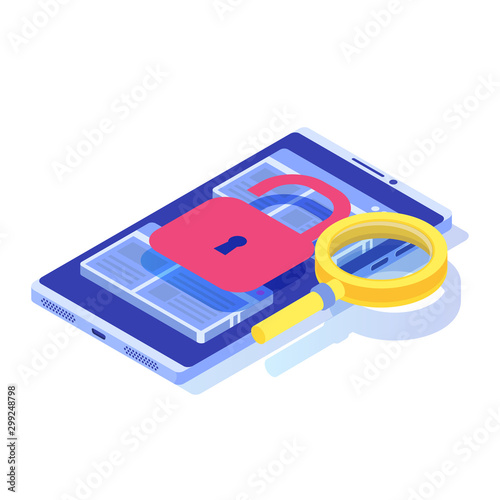 Vulnerability and bugs search, finding malware concept.  Vector  isometric illustration.