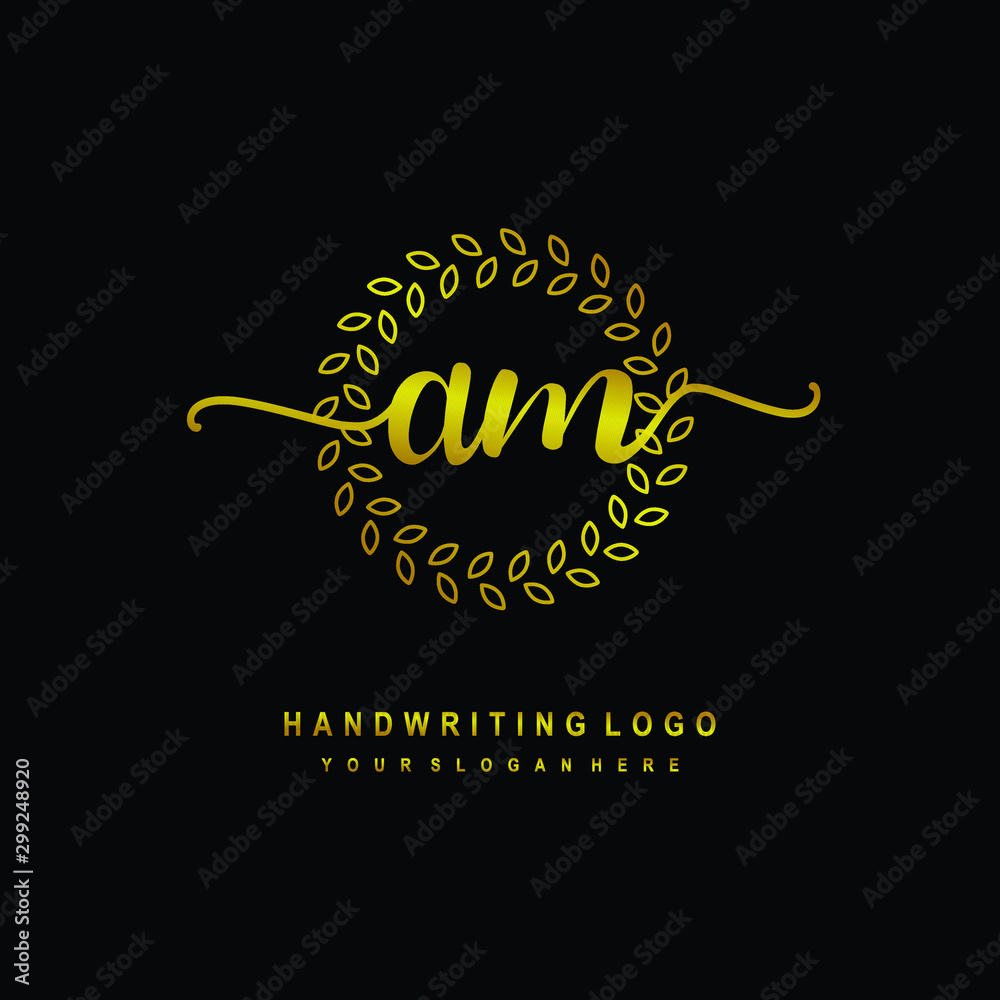 Handwriting initials AM , With a gold leaf line template. logo design for, beauty, fashion, cosmetic, business Handwriting initials AM , With a gold leaf line template. logo design for, beauty, fashion, cosmetic, business
