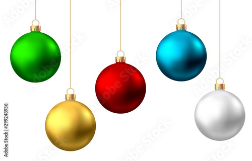 Realistic red, gold, green, blue, silver Christmas balls isolated on white background.