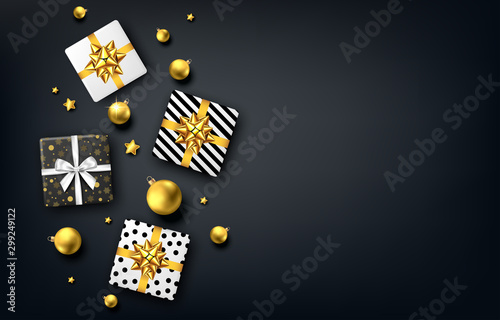 Christmas  background with gift box, golden  bow, gold Xmas ball.