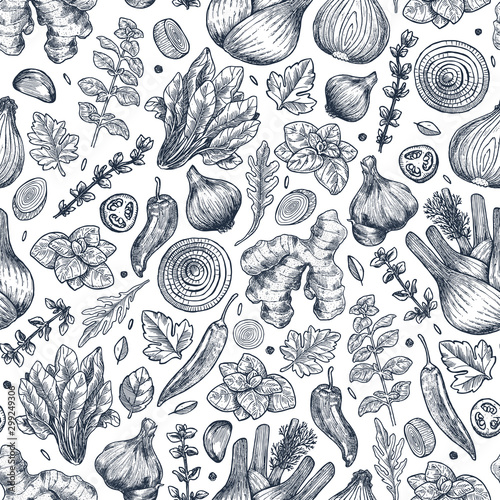 Herbs and spices seamless pattern. Ginger, spinach, onion, pepper, garlic, fennel, basil, oregano. Vector illustration