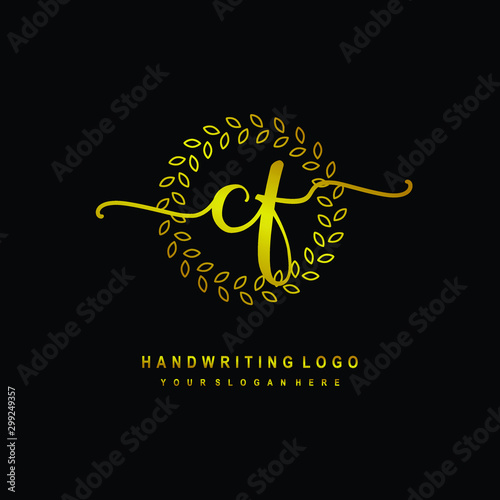 Handwriting initials CF , With a gold leaf line template. logo design for, beauty, fashion, cosmetic, business