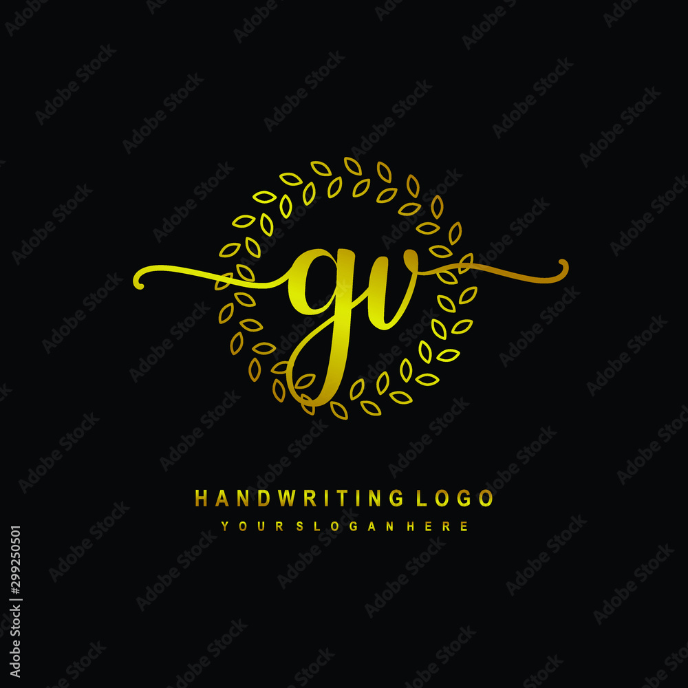 Handwriting initials GV, With a gold leaf line template. logo design for, beauty, fashion, cosmetic, business Handwriting initials GV, With a gold leaf line template. logo design for, beauty, fashion, cosmetic, business
