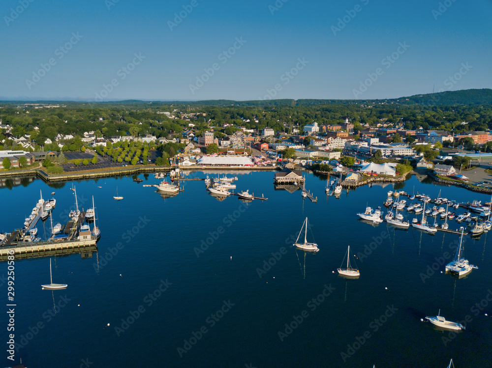 Aerial drone image Rockland Harbor in Maine on a peaceful calm morning