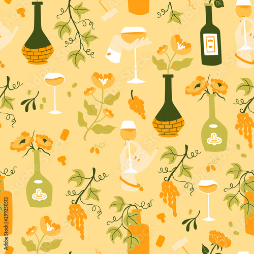 Wine Seamless Pattern with Bottles, Glass Wine and Grapes.
