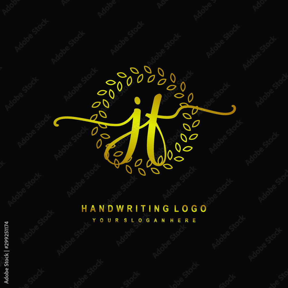 Handwriting initials JF, With a gold leaf line template. logo design for, beauty, fashion, cosmetic, business Handwriting initials JF, With a gold leaf line template. logo design for, beauty, fashion, cosmetic, business
