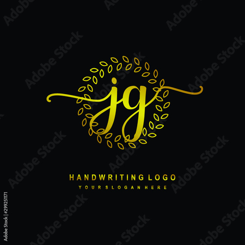 Handwriting initials JG, With a gold leaf line template. logo design for, beauty, fashion, cosmetic, business