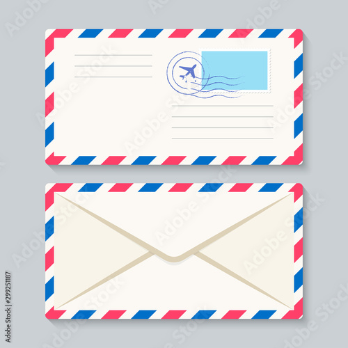 Air mail envelope set vector design. Front and back paper envelope with stamp