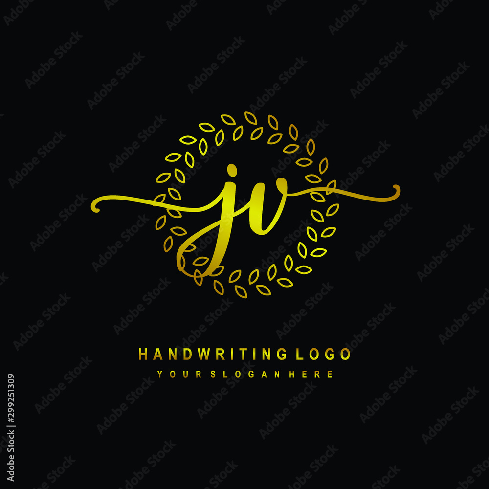Handwriting initials JV, With a gold leaf line template. logo design for, beauty, fashion, cosmetic, business Handwriting initials JV, With a gold leaf line template. logo design for, beauty, fashion, cosmetic, business