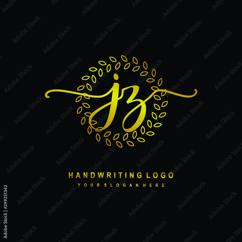 Handwriting initials JZ, With a gold leaf line template. logo design for, beauty, fashion, cosmetic, business