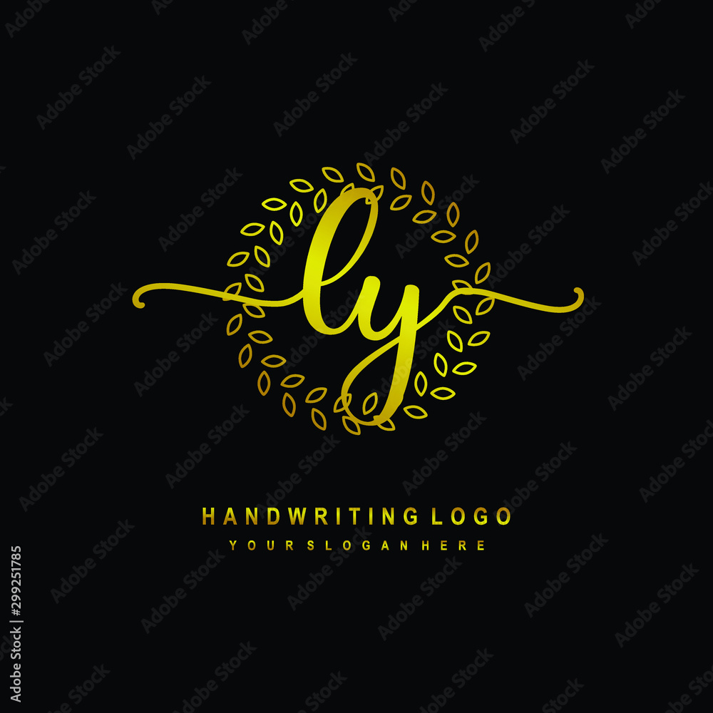 Handwriting initials LY, With a gold leaf line template. logo design for, beauty, fashion, cosmetic, business Handwriting initials LY, With a gold leaf line template. logo design for, beauty, fashion, cosmetic, business