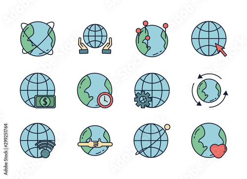 world map global icons set line filled