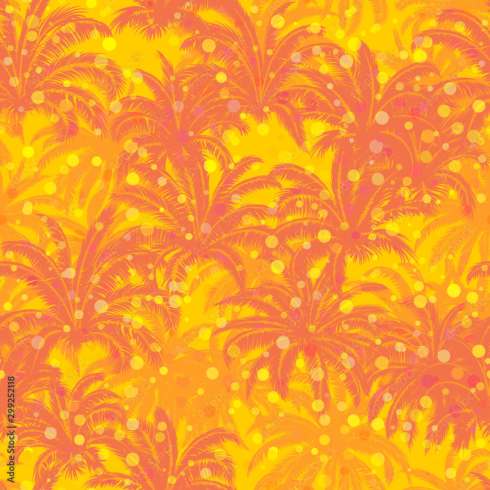 Seamless Background, Tropical Palm Trees, Crowns with Leaves, Red and Yellow Tile Pattern. Vector