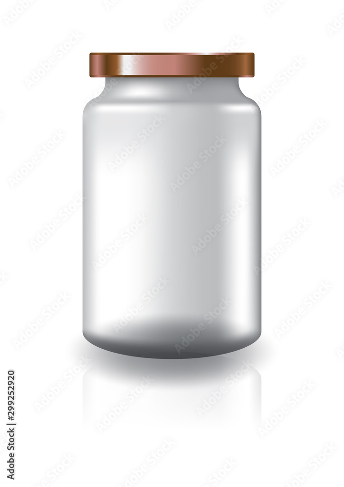 Blank clear round jar with copper lid high size for supplements or food product. Isolated on white background with reflection shadow. Ready to use for package design. Vector illustration. Blank clear round jar with copper lid high size for supplements or food product. Isolated on white background with reflection shadow. Ready to use for package design. Vector illustration.